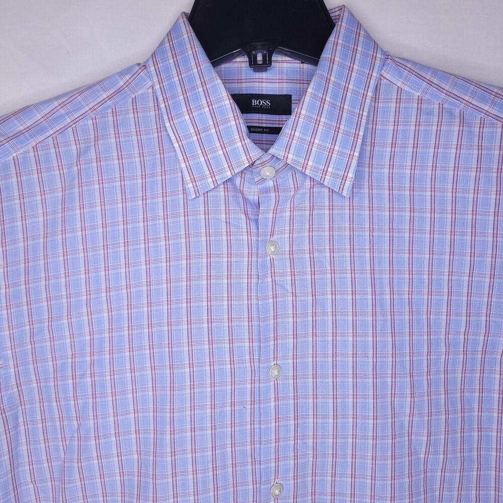 Hugo Boss Dress Shirt Mens 16 Plaid Blue, Red 34/35 Sharp Fit